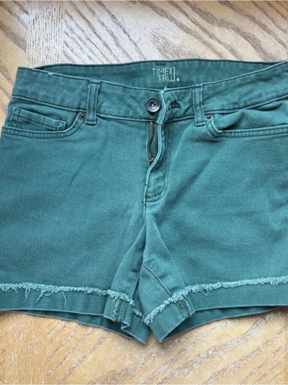 Time and Tru Teal Green Frayed Hem Denim Shorts